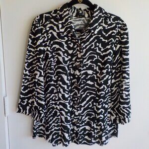 East 5th Blouse - Large Black White Button Linen/Rayon 3/4 sleeve (662)